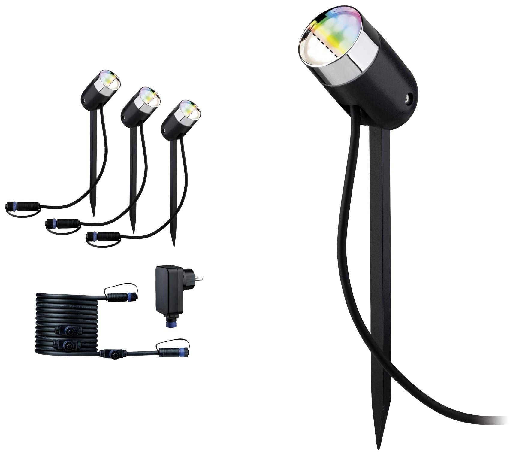 Ein Set von drei schwarzen LED-Außenstrahlern mit Erdspießen und Kabel, inklusive Transformator, zeigt verschiedene Farben an.