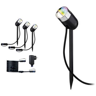 Ein Set von drei schwarzen LED-Außenstrahlern mit Erdspießen und Kabel, inklusive Transformator, zeigt verschiedene Farben an.