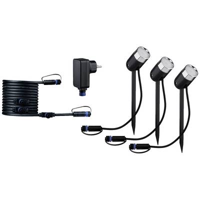 Drei LED-Gartenstrahler mit Erdspießen, Anschlusskabel und Netzteil. Geeignet für Außenbeleuchtung, energiesparend und wetterfest.