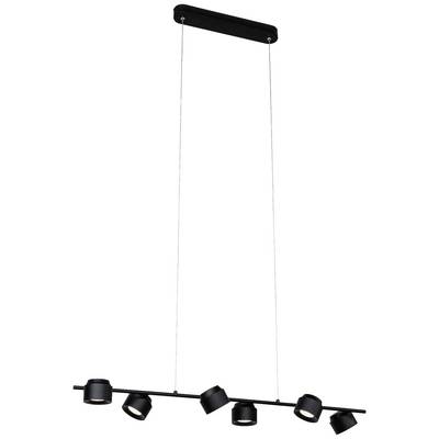 Schwarze, moderne Hängelampe mit sechs verstellbaren Lichtquellen. Hängeleuchte an zwei dünnen Kabeln befestigt. Minimalistisches Design.