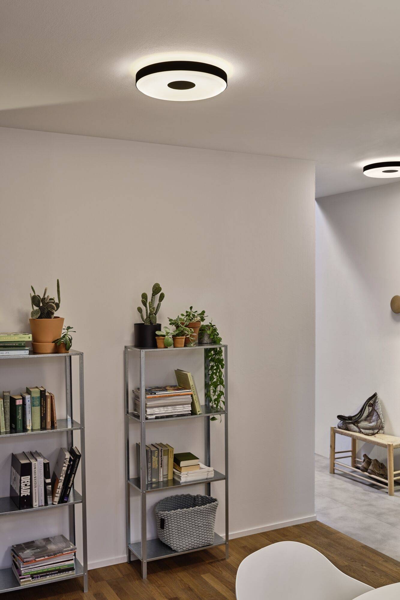 Helles Wohnzimmer mit zwei Regalen voller Bücher und Pflanzen unter modernen Deckenleuchten. Weiße Wände und Holzboden sorgen für ein freundliches Ambiente.