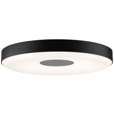 Schwarze runde Deckenleuchte mit weißem Milchglas. Minimalistisches Design, ideal für moderne Innenräume.