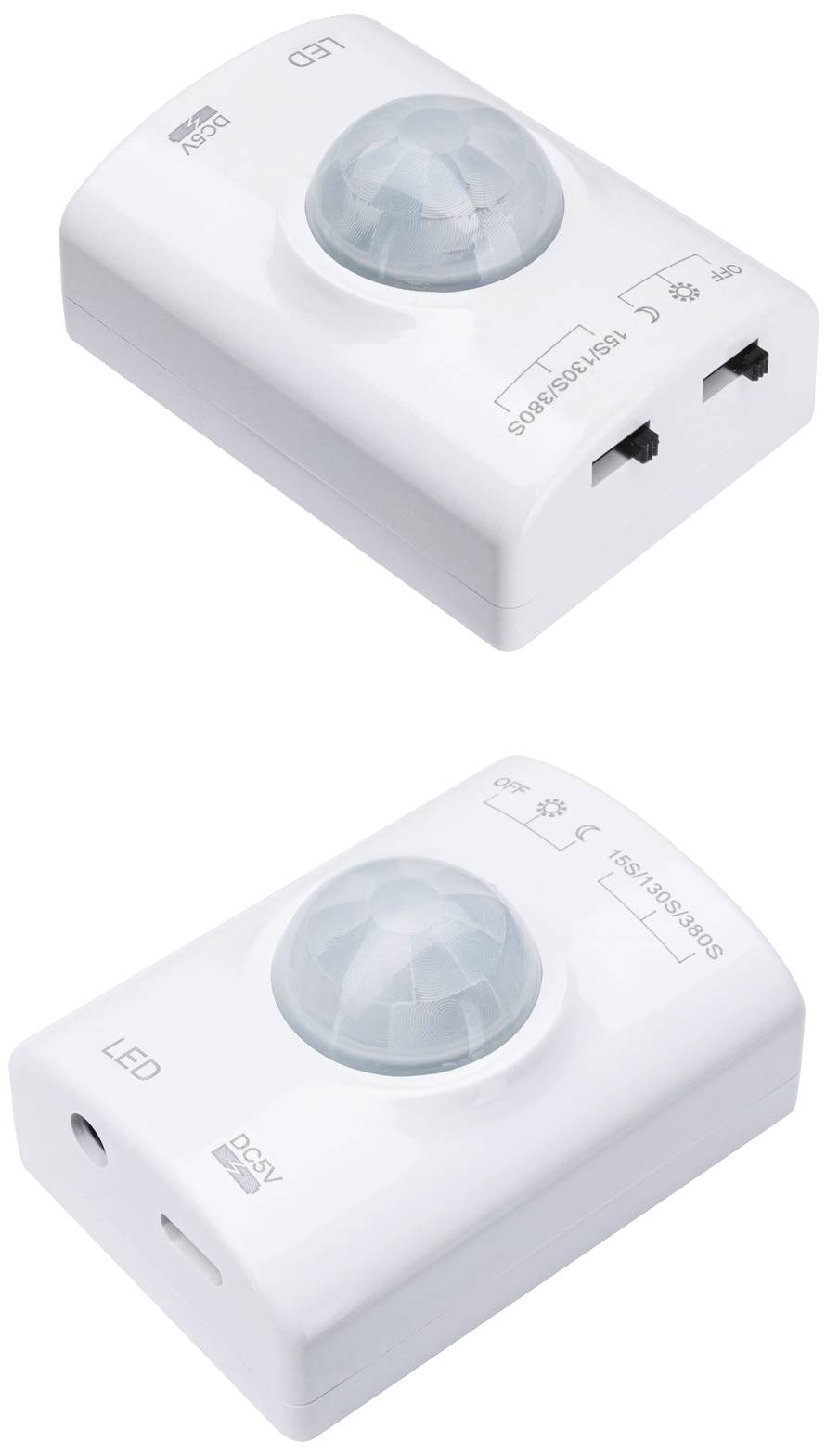 Bewegungssensor-Modul in weißer Farbe mit einer gewölbten Linse oben. Anschlüsse und LED-Anzeigen sind auf der Oberseite sichtbar.