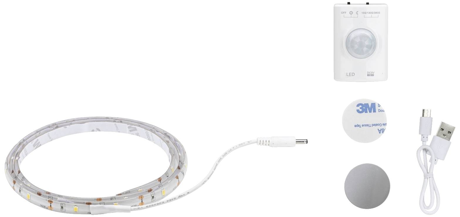LED-Lichtleiste mit Bewegungssensor, USB-Kabel, Netzadapter und 3M-Klebestreifen. Ideal zur flexiblen Beleuchtung von Innenräumen.