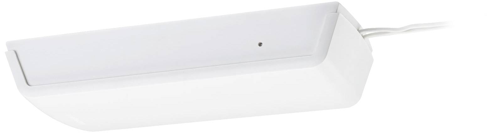 Weißer LED-Wandstrahler in trapezförmigem Design, seitlich montiert, mit einem Kabel verbunden.