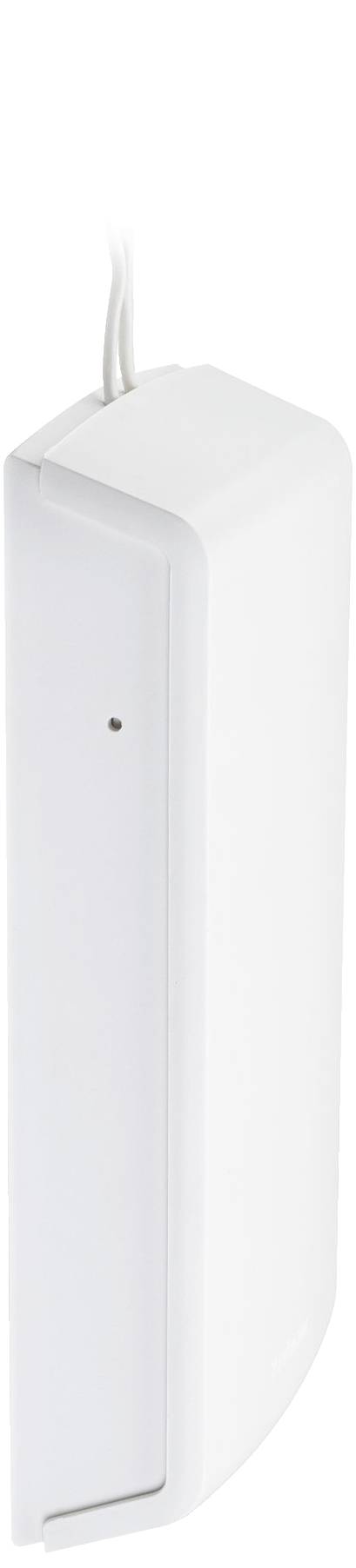 Ein weißes, wandmontiertes Gerät, wahrscheinlich ein Sensor oder Alarm, mit einem kleinen Loch auf der Vorderseite und einem Kabel oben.