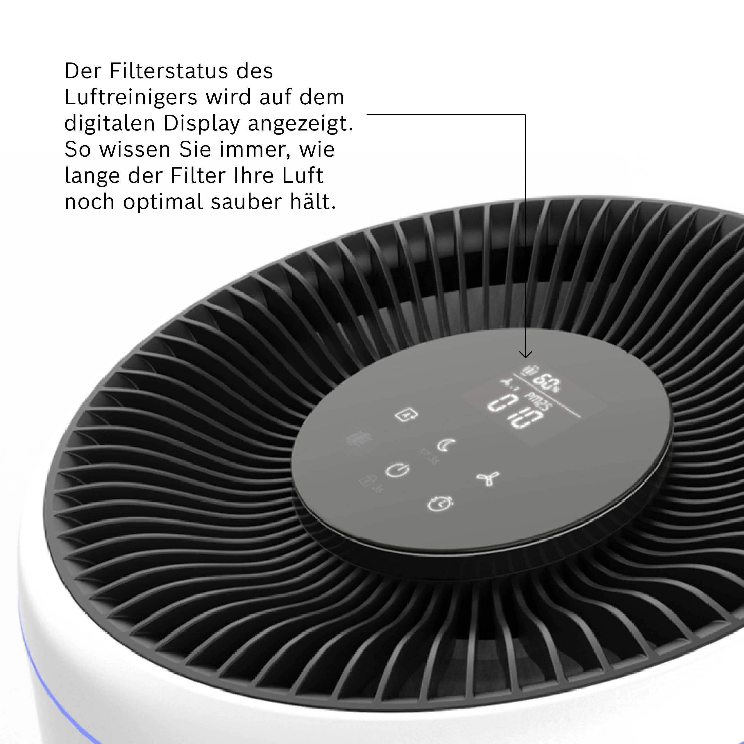 Luftreiniger mit digitalem Display zeigt Filterstatus an. Text: 'So wissen Sie immer, wie gut Ihre Filter Ihre Luft sauber hält.'