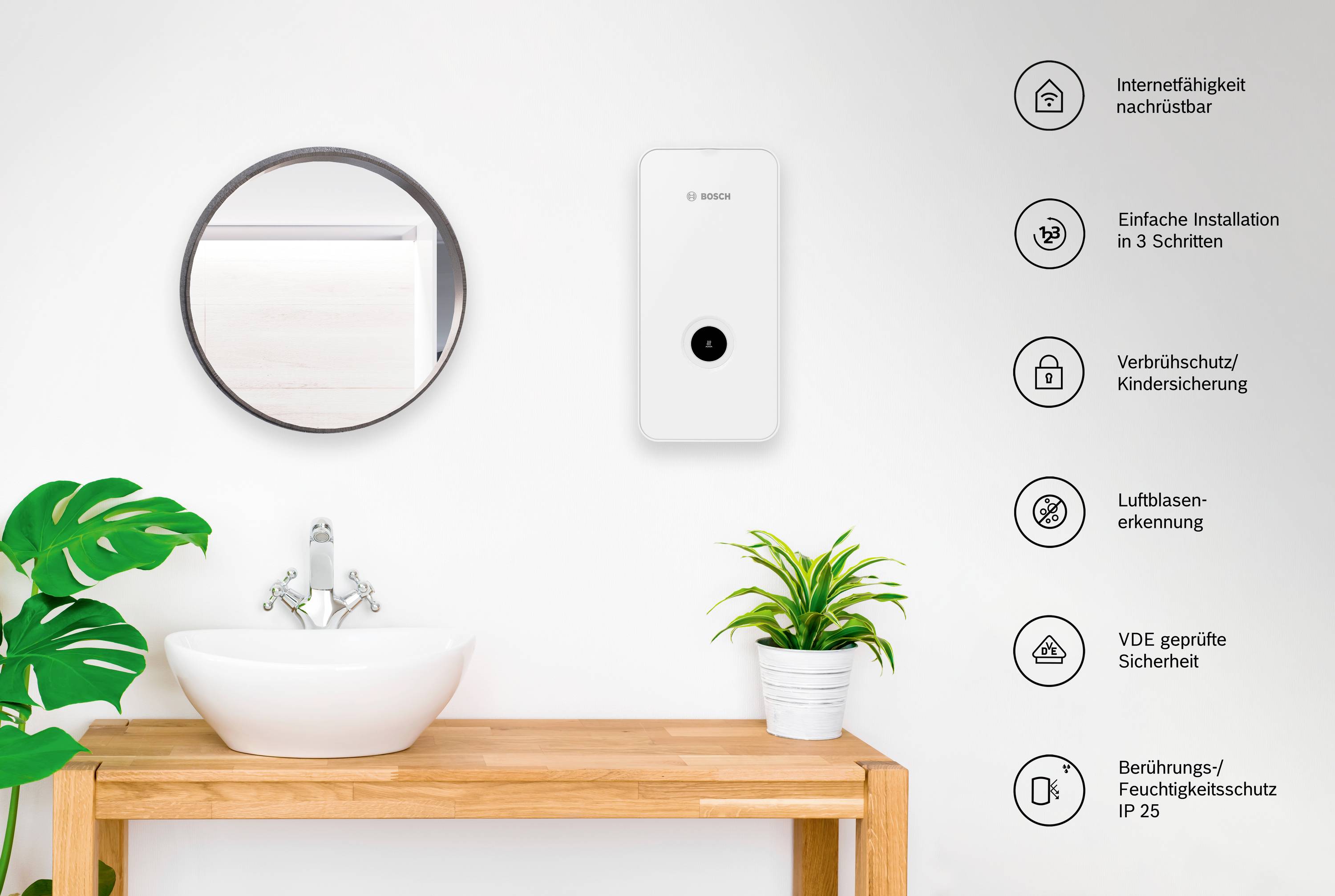 'Internetfähigkeit' - Ein Badezimmer mit Smart-Technologien: Spiegel, Waschbecken und Smart-Gerät mit Funktionen wie Kindersicherung und Luftqualität.