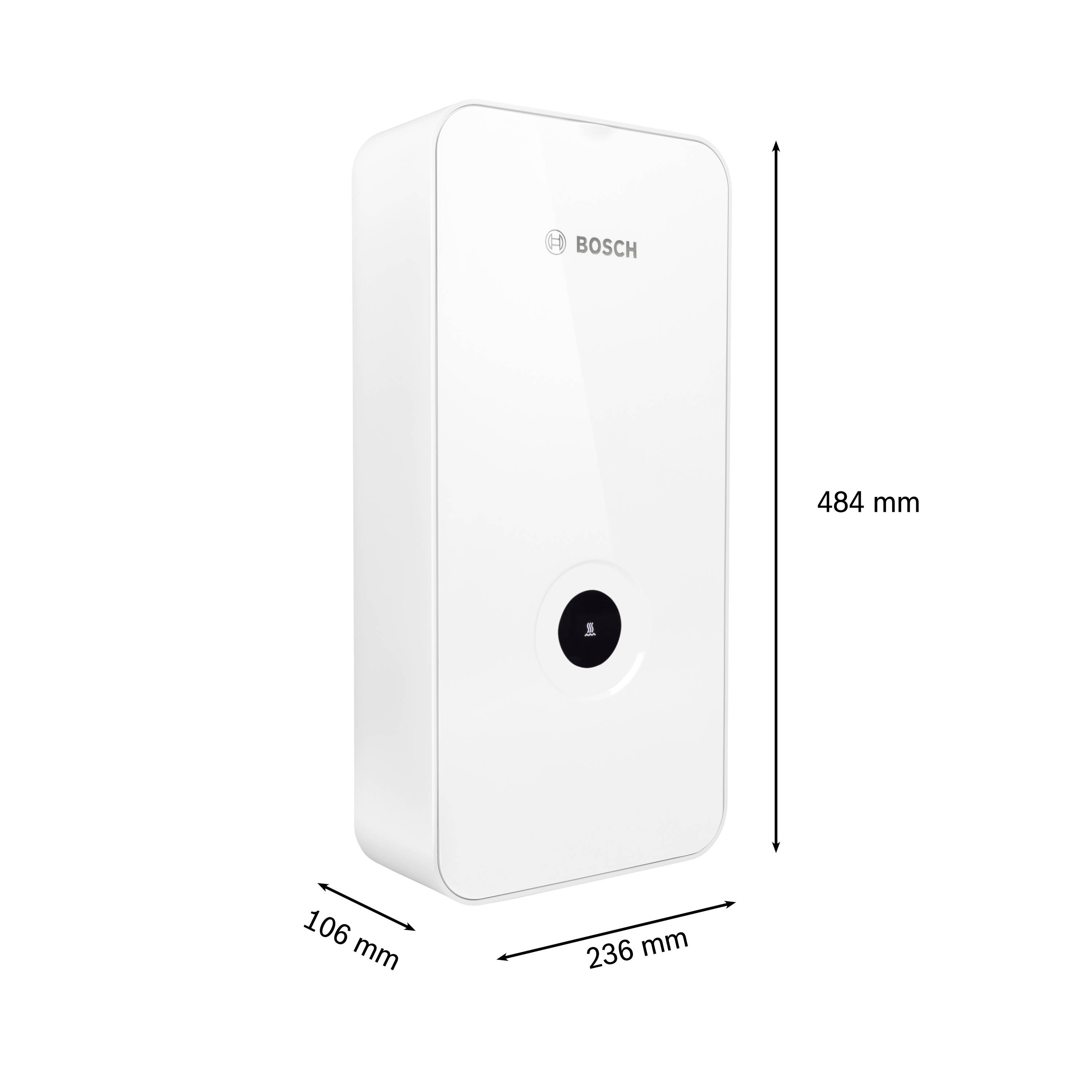 Weißer rechteckiger Bosch Wandboiler mit Abmessungen: Höhe 484 mm, Breite 236 mm, Tiefe 106 mm.