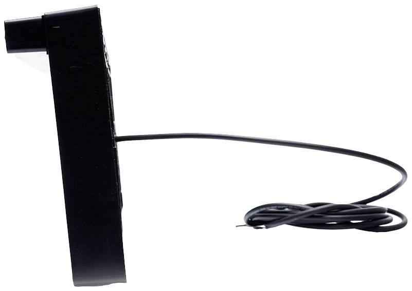 Seitliche Ansicht eines schwarzen elektronischen Geräts mit langem Kabel, das daran angeschlossen ist. Das Gerät hat ein abgewinkeltes Ende.
