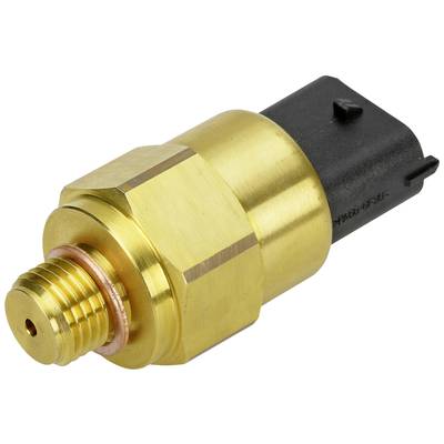 Ein goldfarbener Drucksensor mit schwarzem Anschluss, zeigt mechanische Teile zur Messung von Druckänderungen.