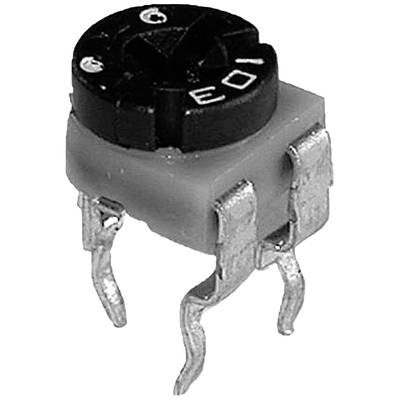 'Schwarz-Weiß-Bild eines Trimmer-Potentiometers mit drei gewellten Metallbeinen und einer schwarzen, verstellbaren Oberseite.'