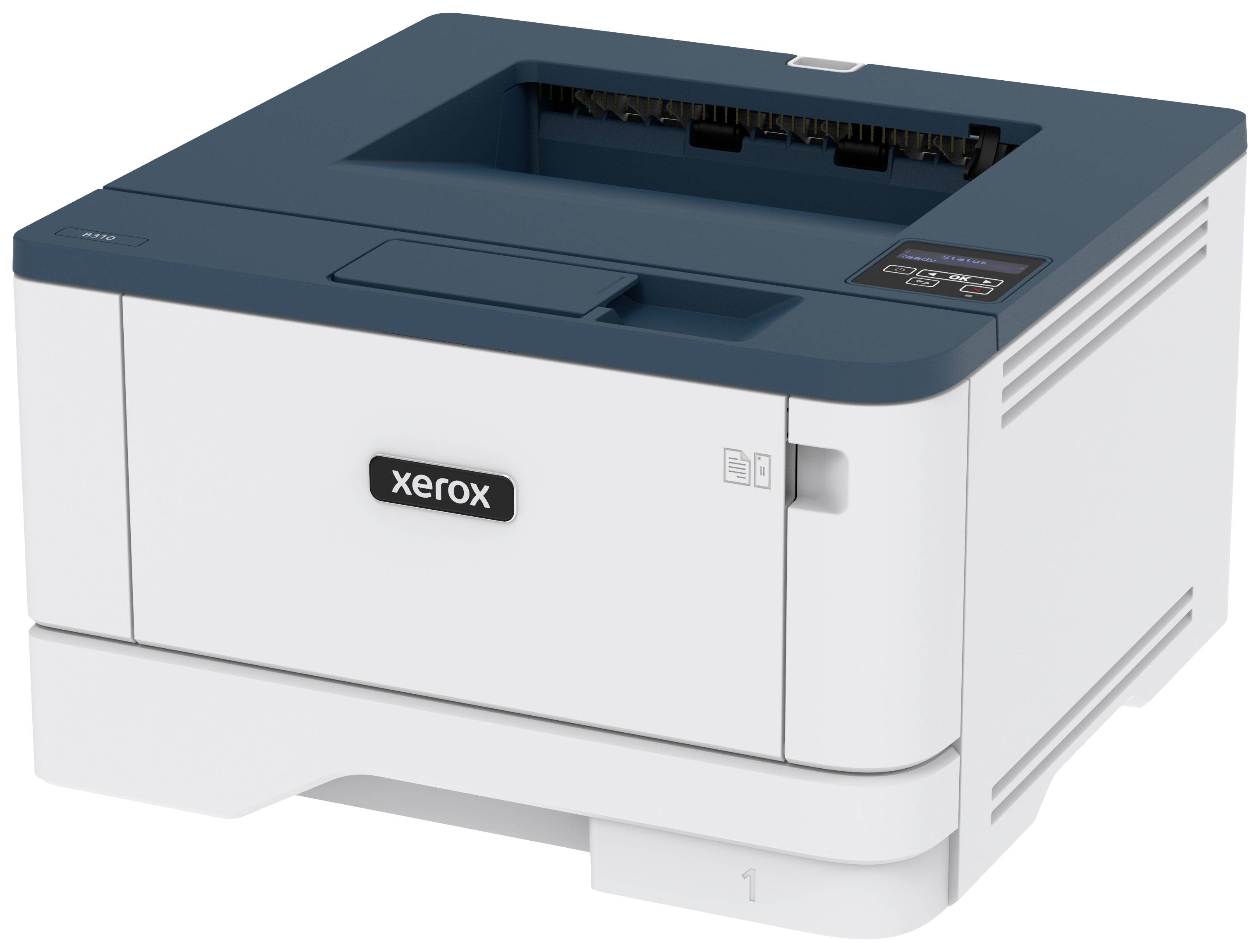 Ein Tischdrucker mit der Aufschrift 'Xerox'. Das Gerät hat ein blau-weißes Gehäuse und verfügt über ein Bedienfeld auf der rechten Seite.