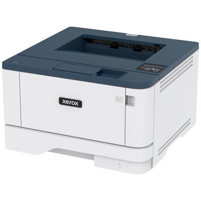 Ein Tischdrucker mit der Aufschrift 'Xerox'. Das Gerät hat ein blau-weißes Gehäuse und verfügt über ein Bedienfeld auf der rechten Seite.