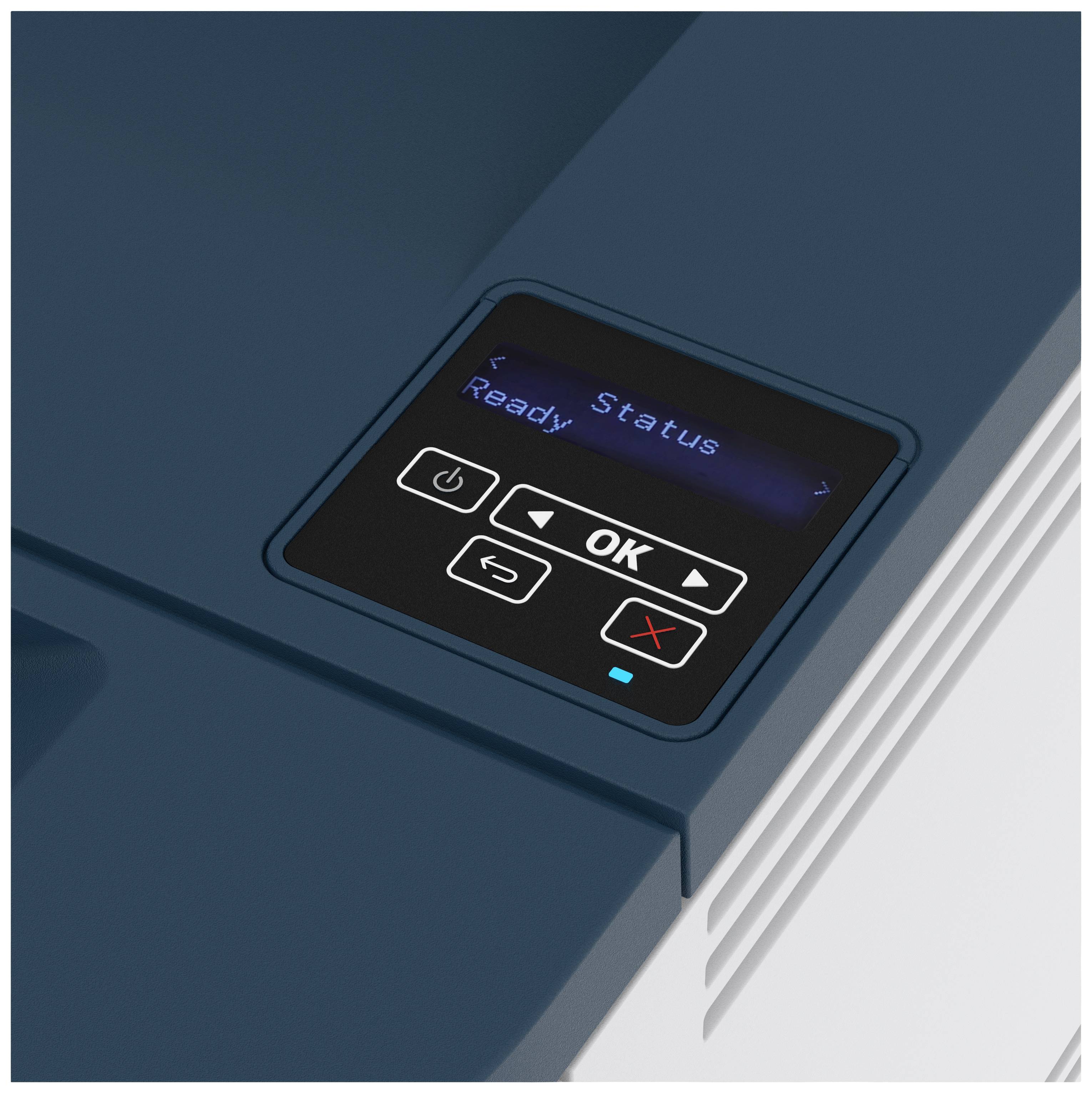 Bedienfeld eines Druckers mit Display 'Status: Ready' und Tasten für Navigation, OK und Abbrechen.