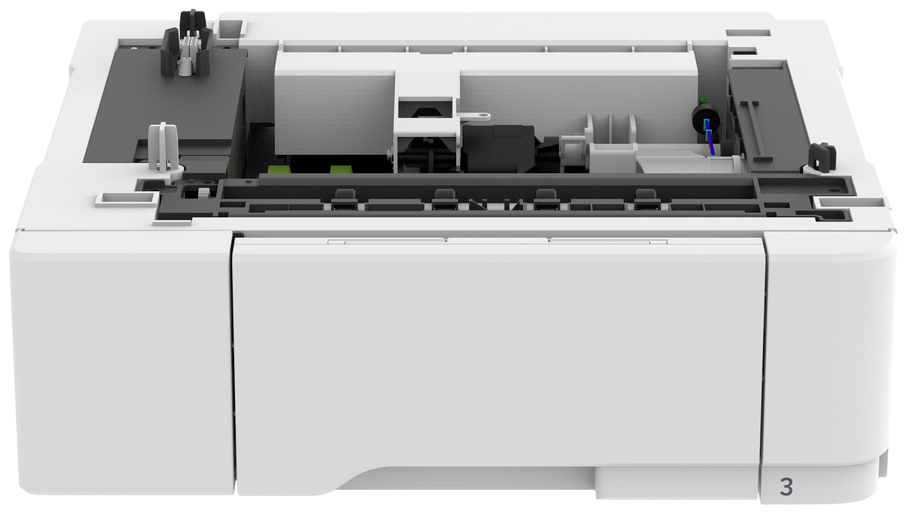 Ein weißes elektronisches Gerät mit offenem Papierfach, vermutlich ein Drucker, zeigt interne Komponenten und Papierzufuhrmechanismus.