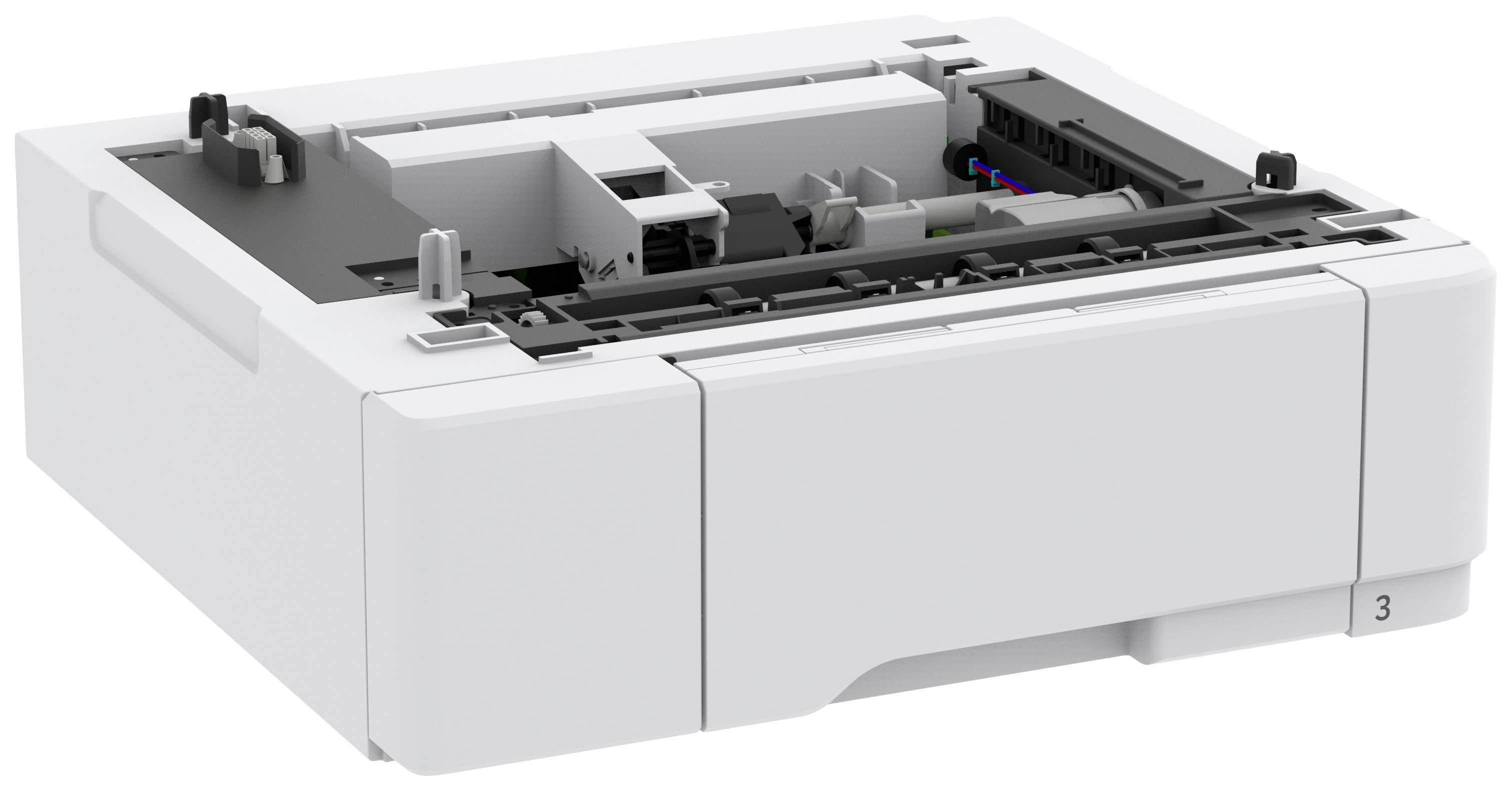 Ein weißer Drucker mit offenem Papierfach, sichtbar sind Rollen und Mechanismen innen zur Papierverarbeitung. Gerät auf weißem Hintergrund.