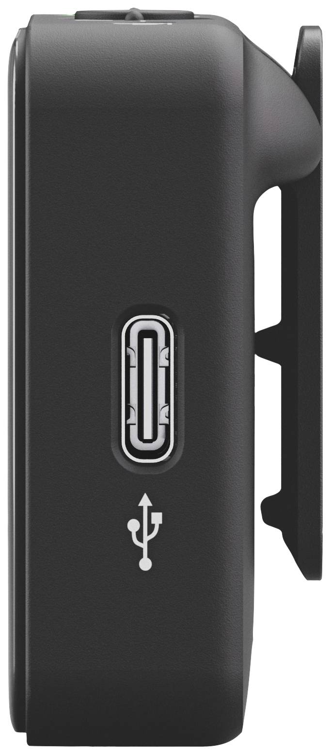 Seitenansicht eines schwarzen Geräts mit einem USB-Anschluss-Symbol an einer Seite.