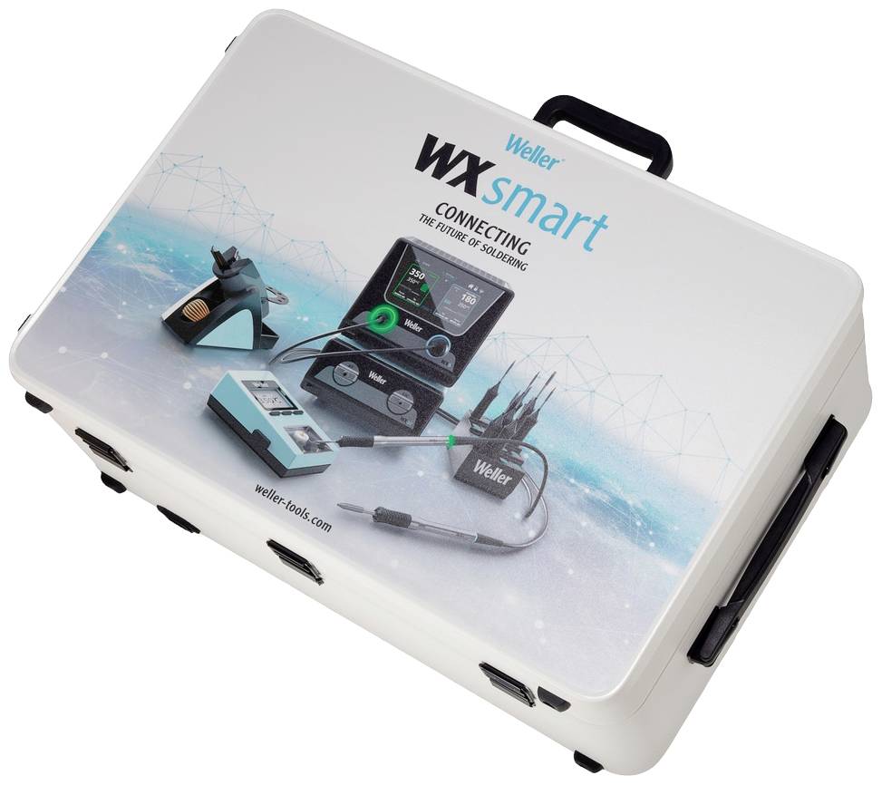 'Weller WXsmart'-Koffer mit Lötstation, Lötkolben und Zubehör, auf Technik ausgelegtes Branding, mit Logo und Slogan 'Connecting the future of soldering'.