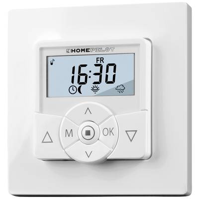 Ein digitales Thermostat mit Uhrzeit-Anzeige '16:30', Steuerungstasten und Symbolen für Sonne, Regen und Musik.