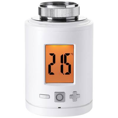 Ein weißes Thermostat mit einem digitalen Display zeigt '25°C' an. Darunter sind zwei Bedienknöpfe, + und - zur Temperatursteuerung.