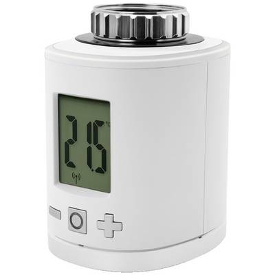 Ein weißes, zylindrisches Thermostat mit digitalem Display zeigt '25°C' an. Drehknopf oben, Bedientasten an der Front für Temperaturregelung.