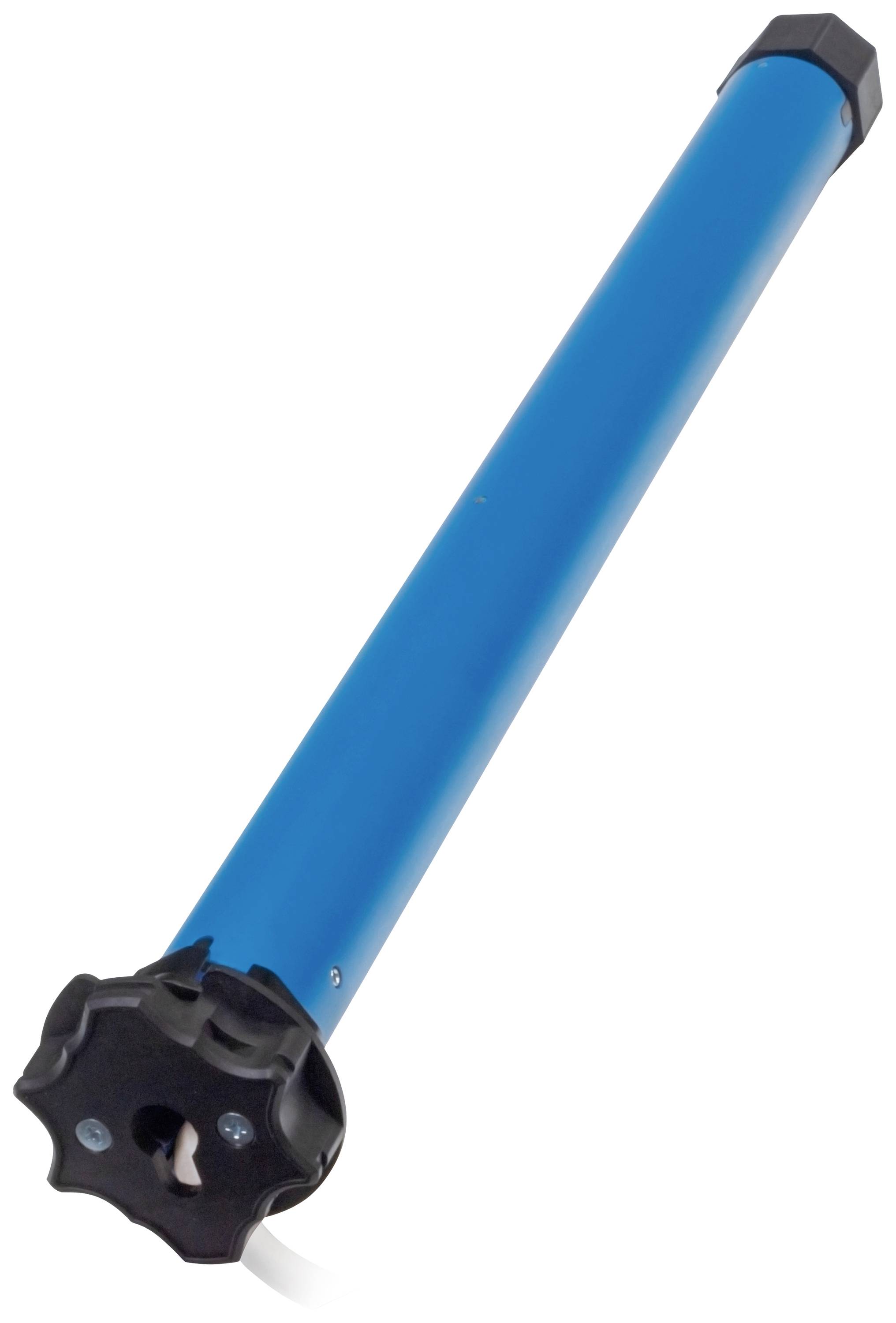 Blauer zylindrischer Motor mit schwarzem Kappen an beiden Enden, verwendet für Rolläden oder Markisenantriebe.
