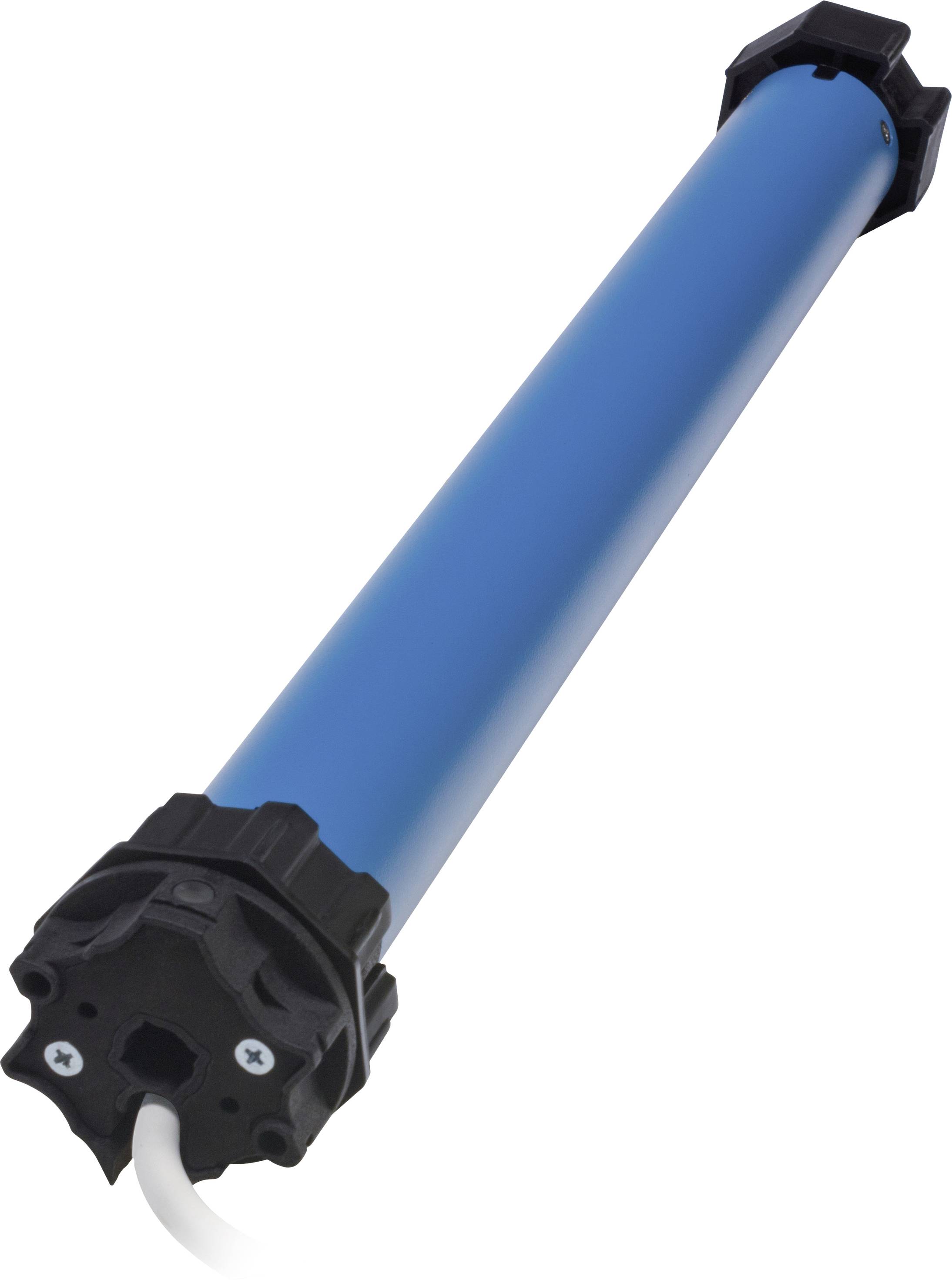 Blauer Rohrmotor mit schwarzer Kappe und sichtbaren Schrauben an den Enden, verbunden mit einem weißen Kabel.