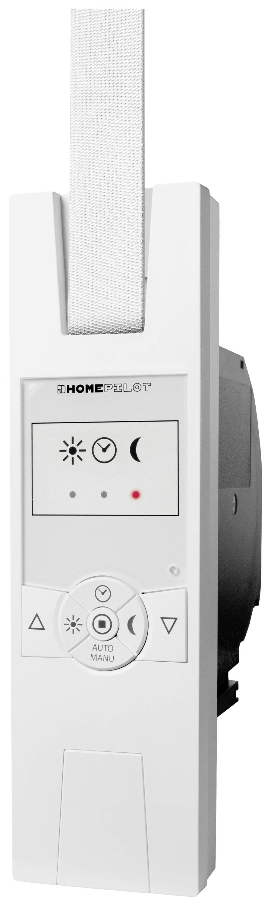 Elektrisches Gurtwicklergerät mit Steuerungstasten und Anzeige. Symbol für Sonnenschein, Mond, Bedienknöpfe für Auto- und manuelle Modi.