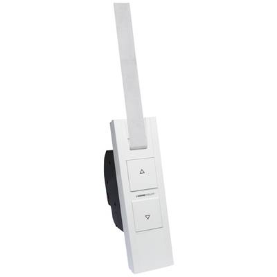 Motorisiertes Jalousiensteuergerät mit Auf- und Ab-Tasten. Weißes Gehäuse mit kurzem Zugband.