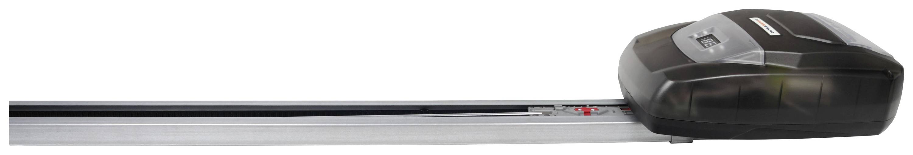 Garagentoröffner mit Schienenantrieb, schwarz, rechte Ansicht. Kompaktes Design für automatisierte Torsteuerung.