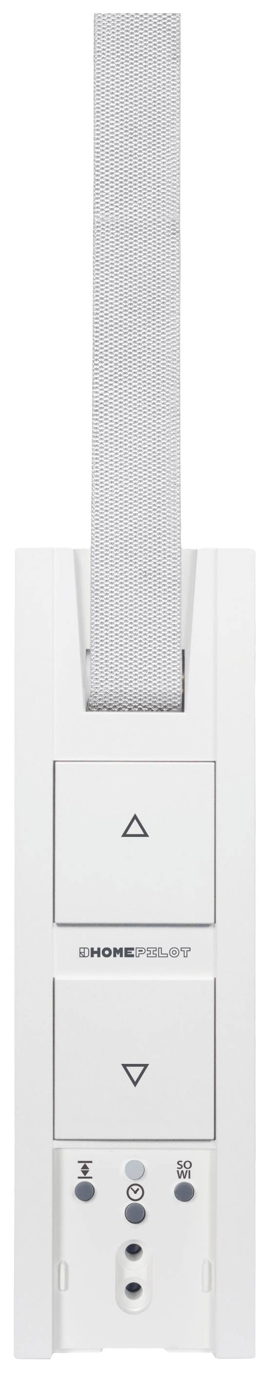 Ein weißer Wandschalter mit zwei Druckknöpfen und einem grauen Band. Die Tasten zeigen Pfeile für Auf- und Abbewegungen.