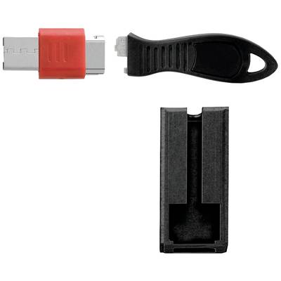 Ein rotes USB-C-Laufwerk, ein schwarzer USB-Stick mit Schlaufe und ein schwarzes Etui für das USB-Gerät.