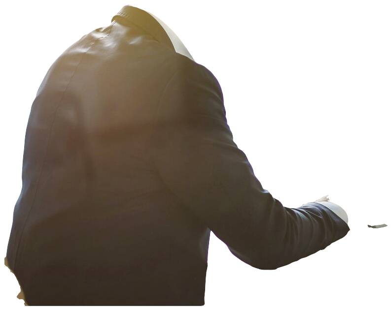 Eine Person in einem Anzug, von hinten betrachtet, beugt sich nach vorne. Der Kopf ist nicht sichtbar.