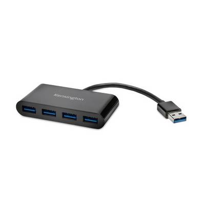 Schwarzer USB-Hub mit vier blauen USB-3.0-Anschlüssen und einem kurzen Kabel mit USB-Stecker.