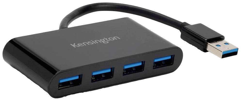 Ein schwarzer USB-Hub mit vier blauen USB-3.0-Anschlüssen und einem kurzen Anschlusskabel zur Verbindung mit Computern.