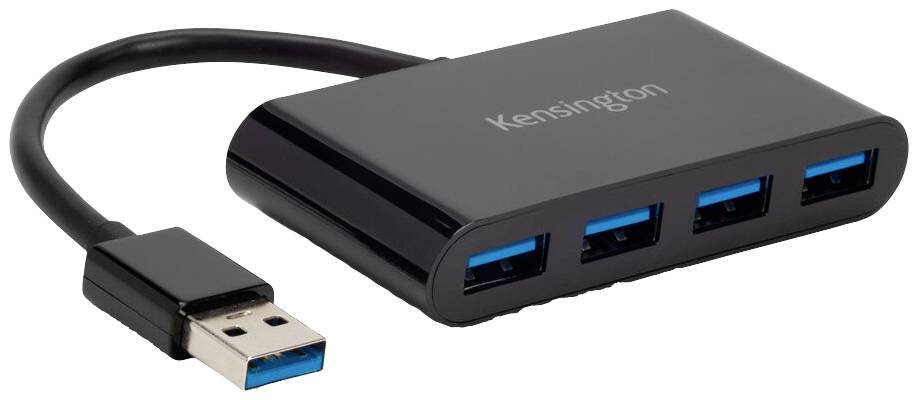 Schwarzer USB-Hub mit vier blauen USB-Anschlüssen und einem USB-Kabel, dient zum Erweitern von USB-Verbindungen an Computern.