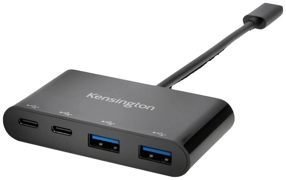 Externer USB-Hub mit zwei USB-C- und zwei USB-A-Anschlüssen, angeschlossen über ein integriertes Kabel.