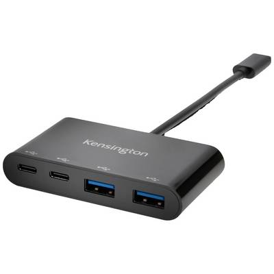 Externer USB-Hub mit zwei USB-C- und zwei USB-A-Anschlüssen, angeschlossen über ein integriertes Kabel.