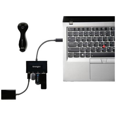 Laptop mit angeschlossenem USB-Hub von Kensington, an dem mehrere USB-Geräte und ein Laserpointer verbunden sind.