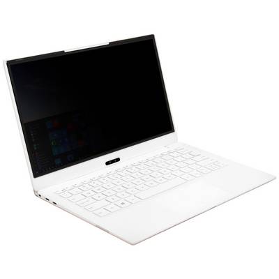 Ein weißer Laptop mit aufgeklapptem Bildschirm, der schwarze Hintergrund zeigt. Die Tastatur leuchtet weiß.