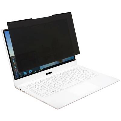Ein weißer Laptop mit einem schwarzen Sichtschutzfilter, der den Bildschirm verdeckt. Der Filter verhindert das seitliche Lesen des Displays.