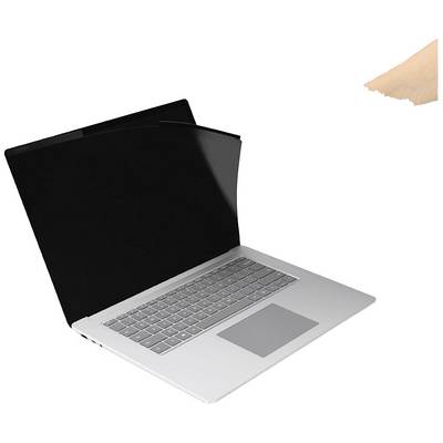 Offener Laptop mit schwarzem Bildschirmfilter zur Reduzierung von Blickwinkeln. Rechter Oberecke enthält Finger, zeigt auf den Filter.