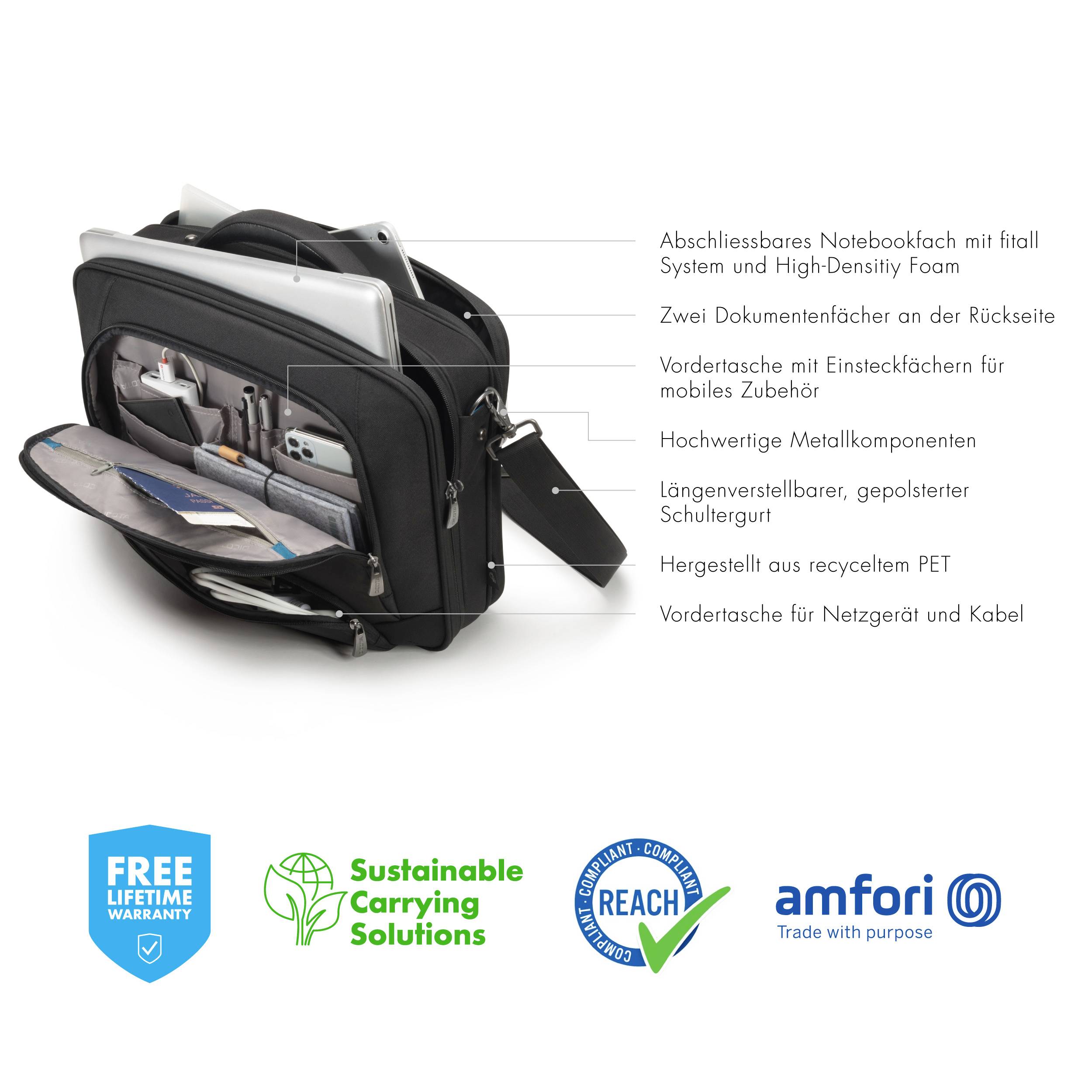 Eine schwarze Laptoptasche mit mehreren Fächern, inklusive Notebookfach, Dokumententasche, Metallkomponenten und Zubehörfächern. Hergestellt aus recyceltem PET, mit Garantie und Umweltzertifikaten.