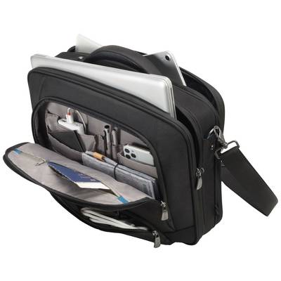 Schwarze Laptoptasche mit mehreren Fächern, die Laptops, ein Smartphone und Zubehör wie Stifte und Kabel enthält.