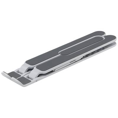 Zusammenklappbarer Laptop-Ständer aus Metall, flach zusammengelegt; tragbar, mit rutschfesten Gummieinsätzen für stabilen Halt.