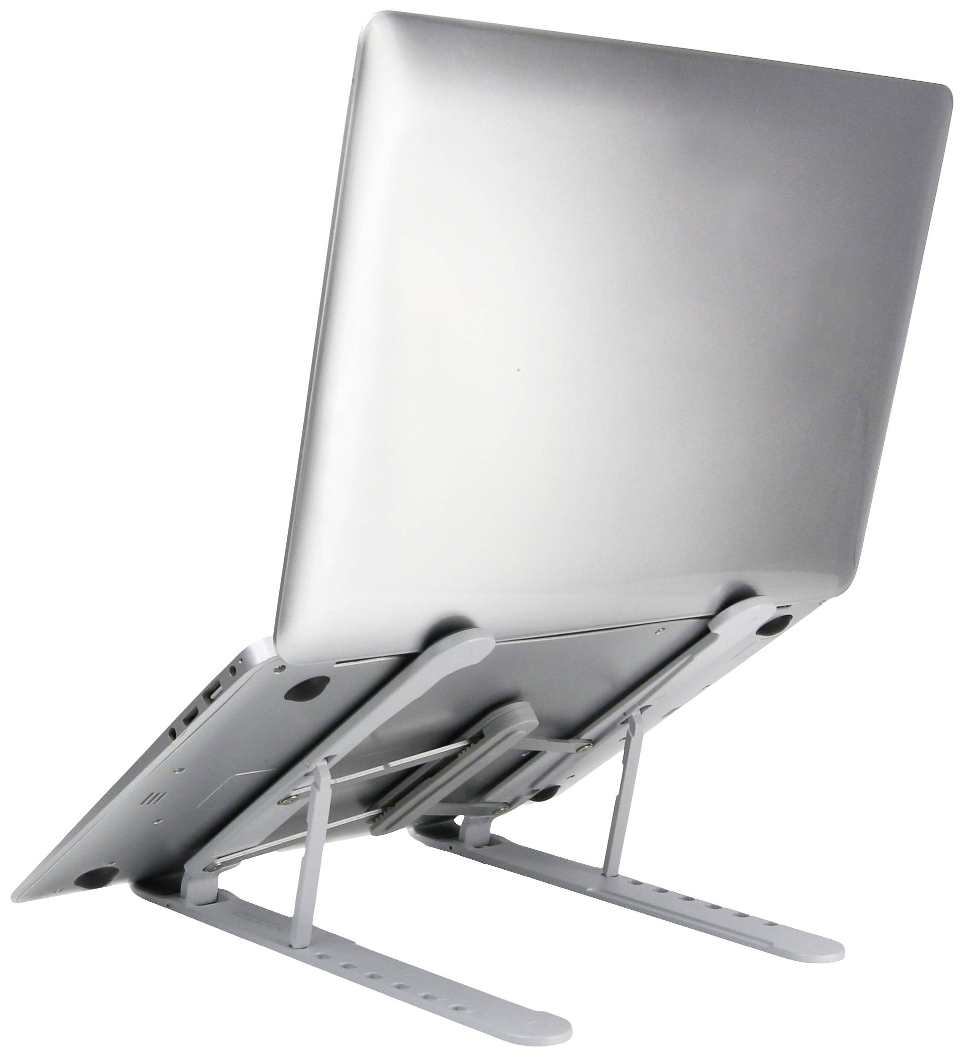 Ein Laptop ist auf einem verstellbaren Ständer positioniert, der für eine ergonomische Höhe sorgt. Der Ständer hat mehrere Einstellstufen.