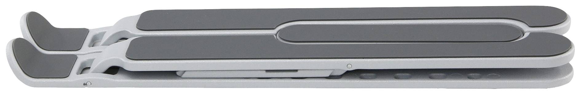 Ein zusammenklappbarer, metallener Laptop-Ständer in seitlicher Ansicht, zeigt schlankes, kompaktes Design, ideal für transportablen Gebrauch.