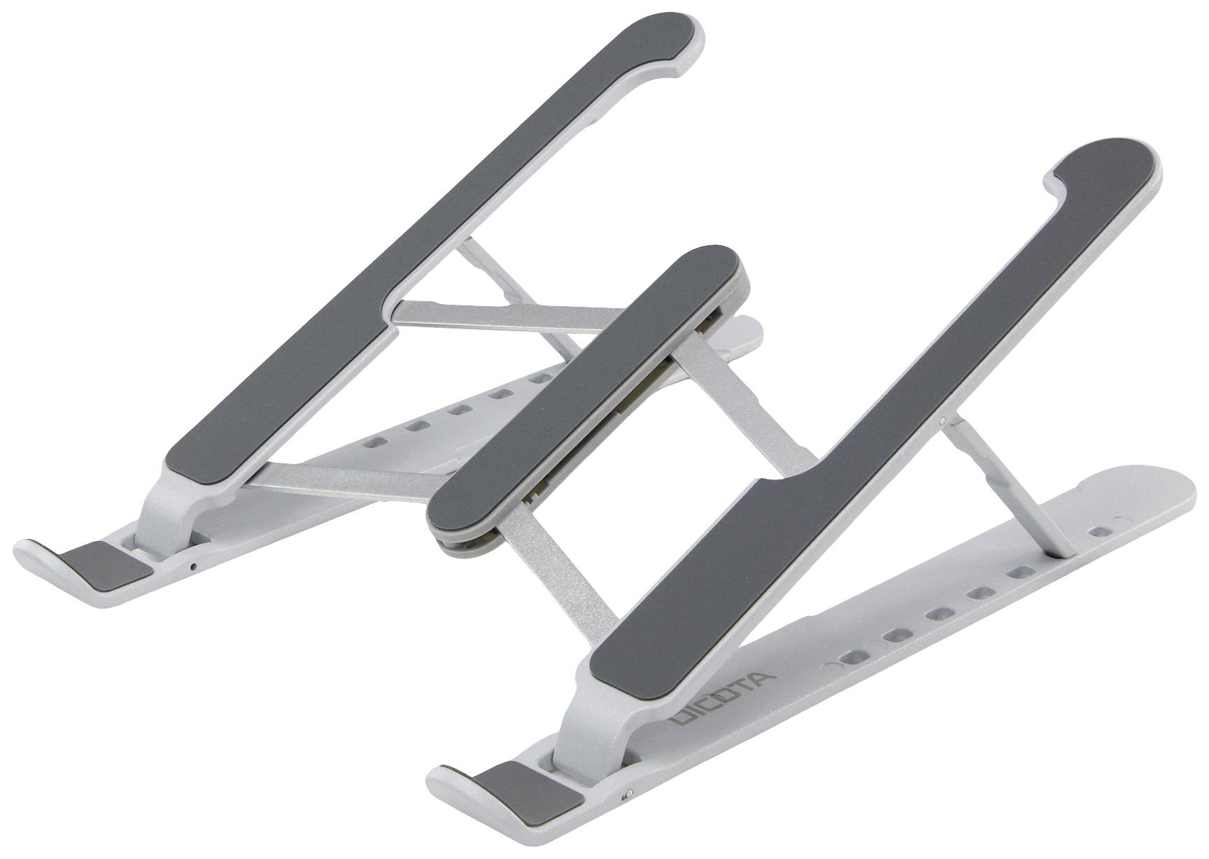 Ein verstellbarer, tragbarer Laptopständer aus Metall mit rutschfesten Silikonelementen für unterschiedliche Höhen- und Winkelanpassungen.