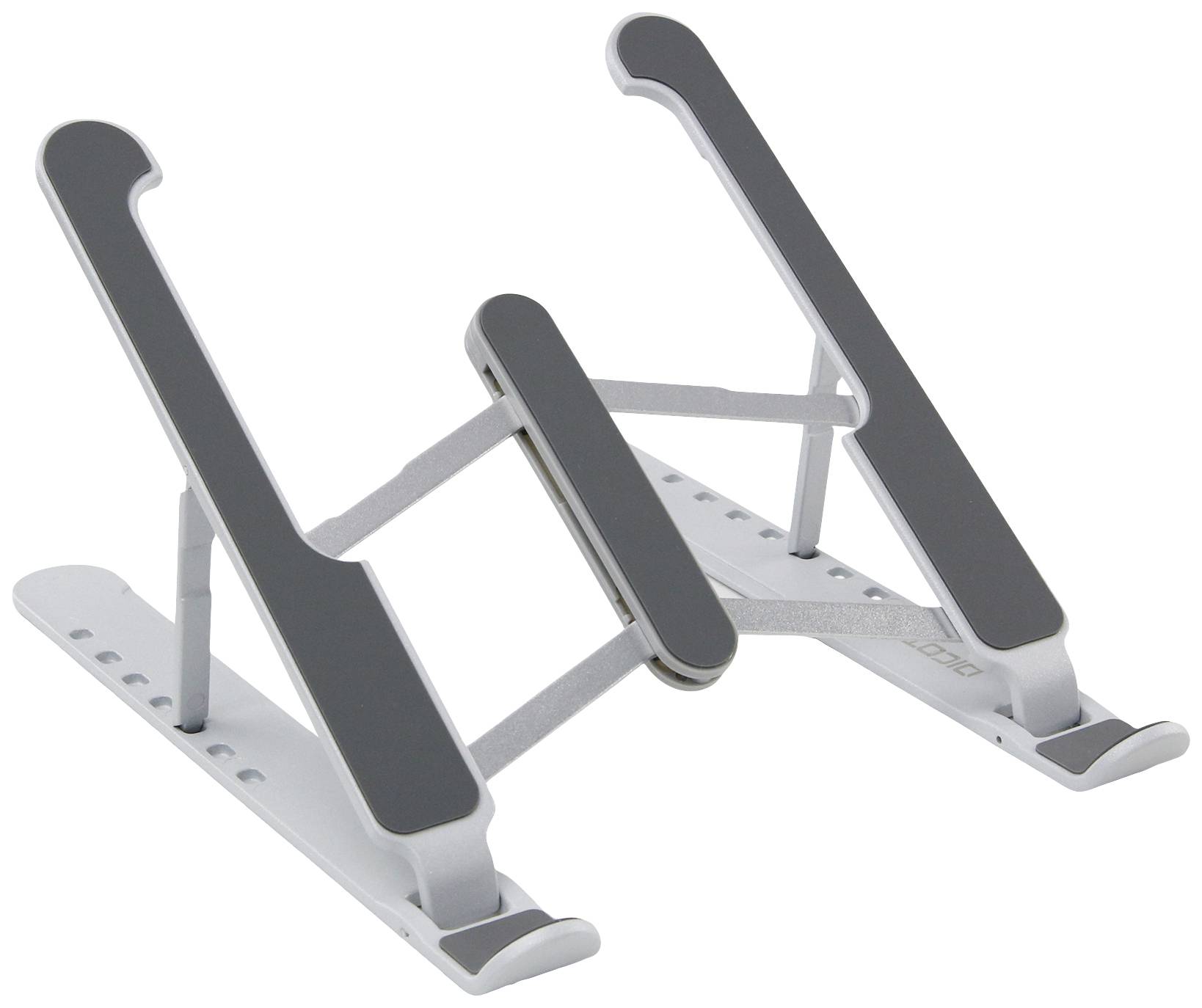 Ein zusammenklappbarer Laptopständer aus Metall, grau und schwarz, mit verstellbaren Winkeln für ergonomische Nutzung.